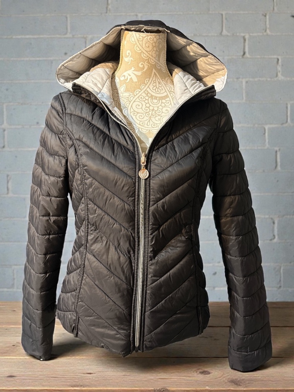 Nautica Women’s Reversible Quilted Hooded Puffer Jacket - Black/Gray Size Small